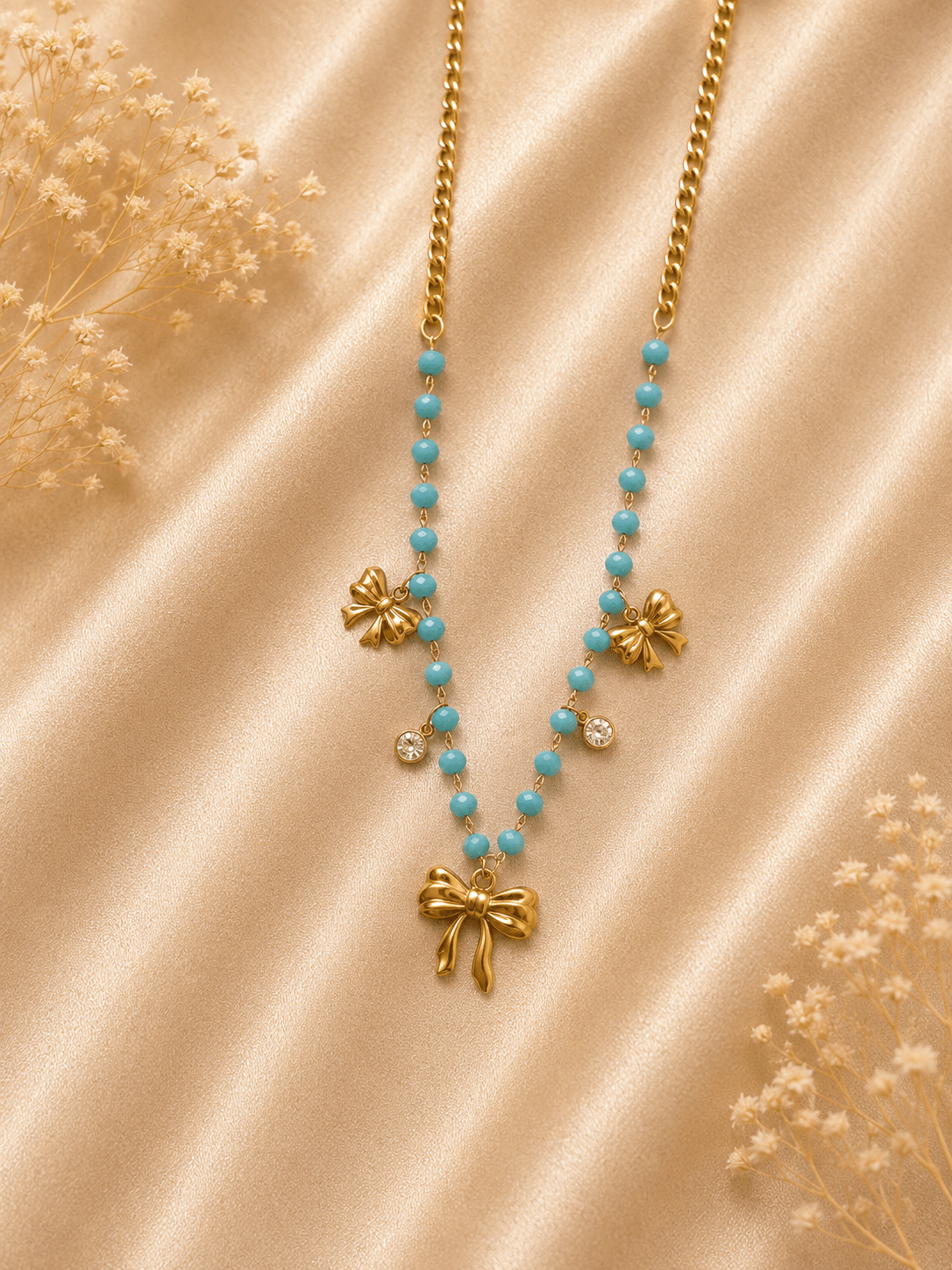 Blue Bead & Gold Bow Charm Necklace - violinas