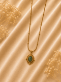 Gold Satellite Chain Green Jade Oval Pendant Necklace - violinas