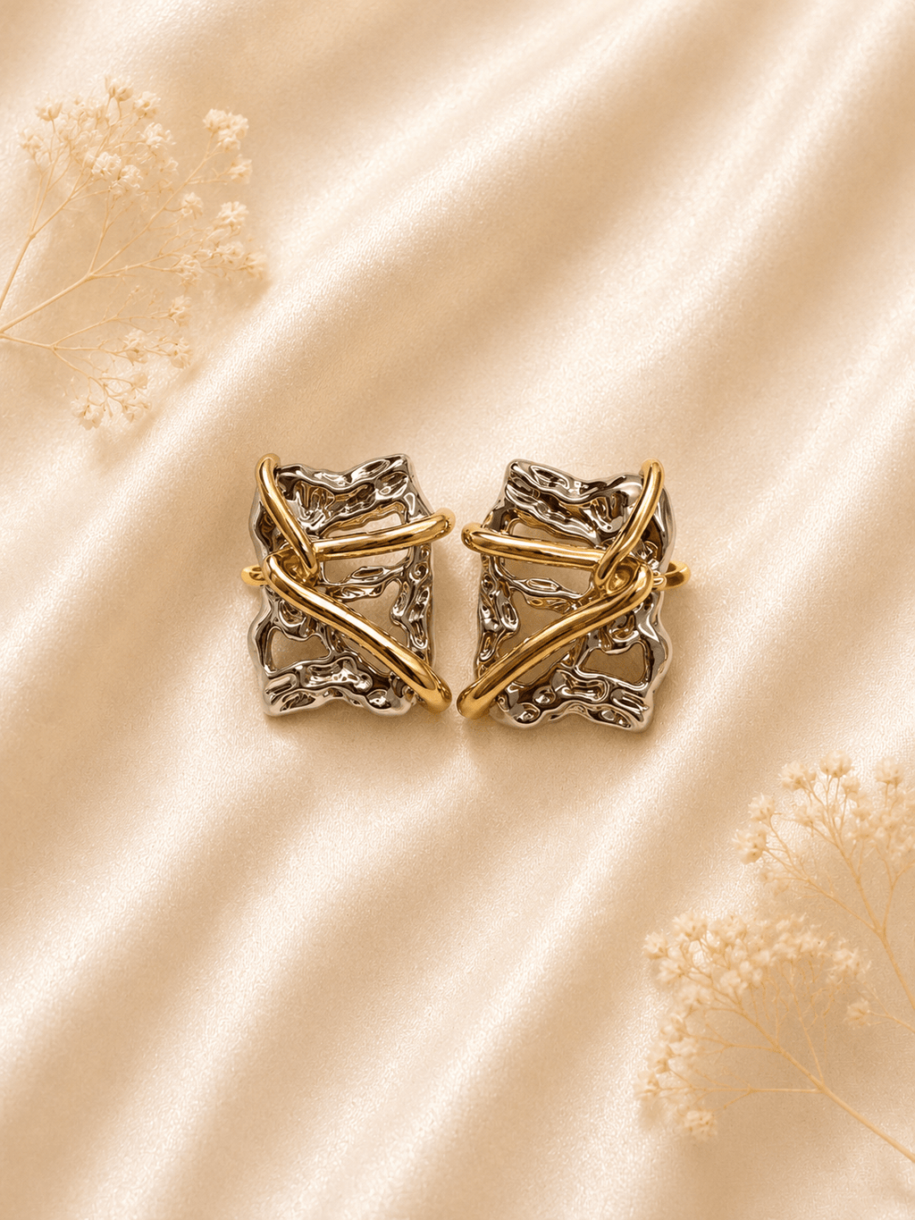 Silver & Gold Abstract Square Stud Earrings - violinas